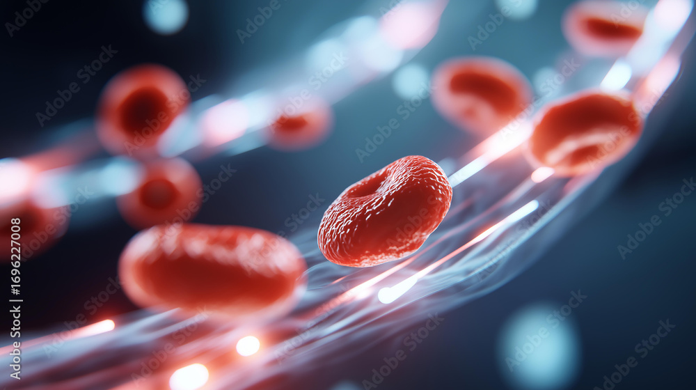Poster a futuristic medical visualization of erythrocytes flowing in a glowing 3d rendered artery their sha