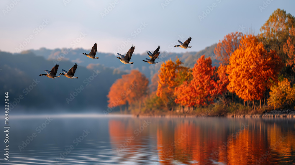 Poster A serene autumn lake scene with crimson and amber trees reflecting on calm water a flock of geese flying overhead soft morning fog adding a mystical glow fall lake crimson tree