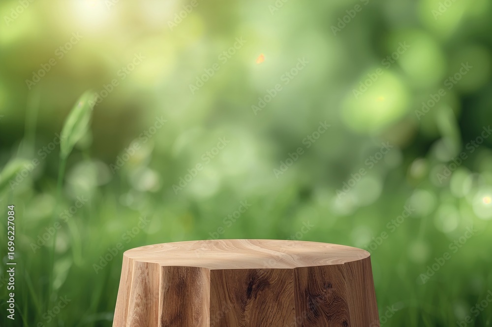Poster blurred green background featuring a wooden platform and sunlight glow, with an empty mockup and bok