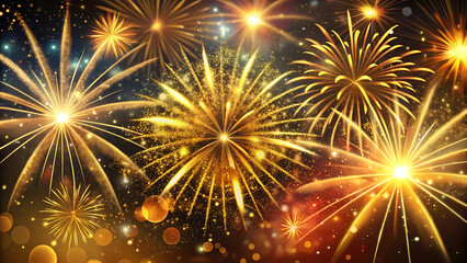 Obraz premium Glittering new year fireworks display with golden sparkles vector illustration on white background 