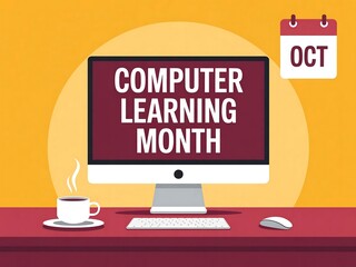 Celebrate computer learning month in october with a desktop computer setup and a steaming cup of coffee