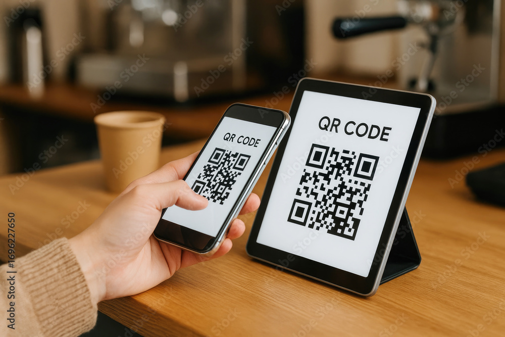 Aufkleber person holding smartphone scanning qr code on tablet in cafe setting qr code mobile payment