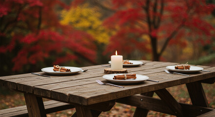 Autumn Picnic Table with Candlelit Centerpiece and Pie Servings Surrounded by Vibrant Fall Foliage