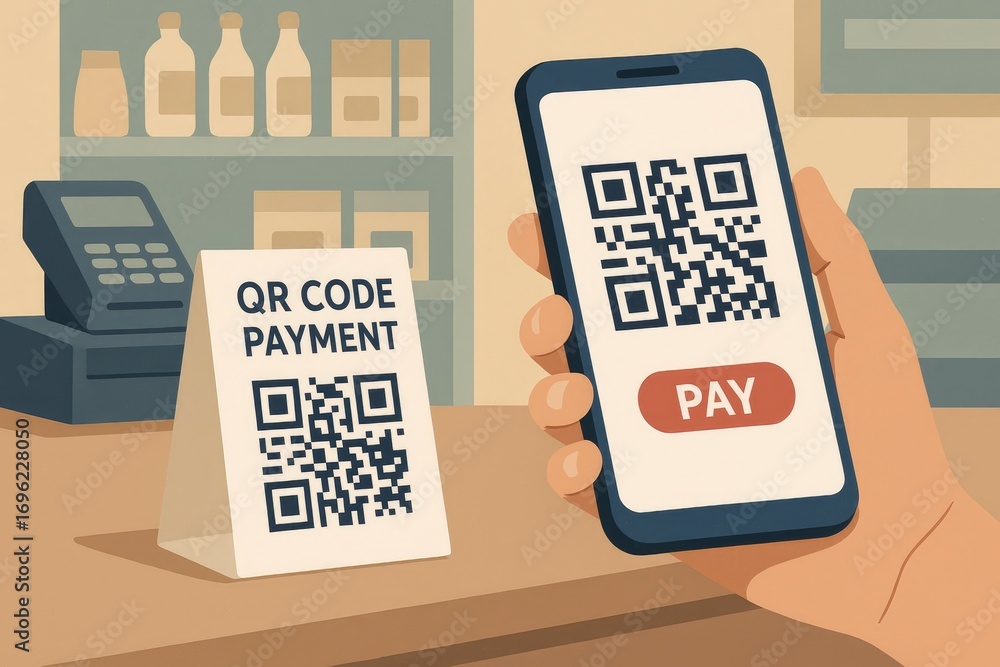 Aufkleber person using smartphone with qr code to pay at a store counter with a payment sign qr code