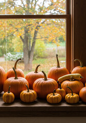 Autumn Window View Featuring Pumpkins, Gourds, and Outdoor Foliage – Warm and Earthy Seasonal Setting