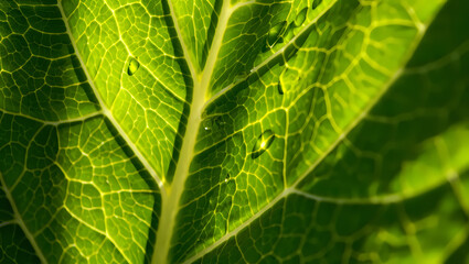 Fototapeta premium A closeup of a vibrant green leaf with intricate vein patterns and water droplets, showcasing natures beauty and detail