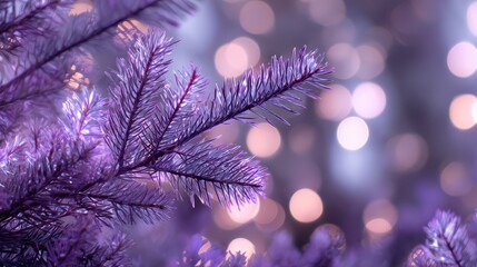 purple christmas tree branch with glowing bokeh lights background