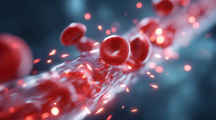 A high energy depiction of erythrocytes cascading through a pulsating vein their red hues vibrant against a translucent vascular wall sparks of light emphasizing motion