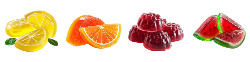 Colorful gummy candies lemon orange raspberry watermelon slices on transparent background