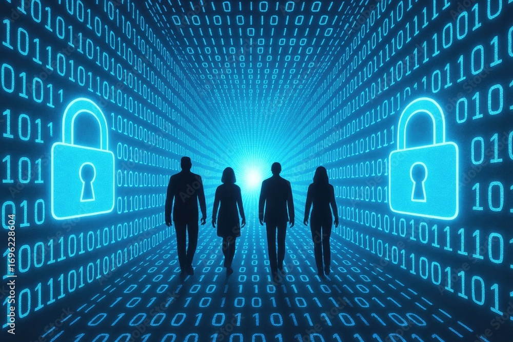 Aufkleber silhouettes of four people walking through a digital tunnel of binary code and glowing padlocks secu