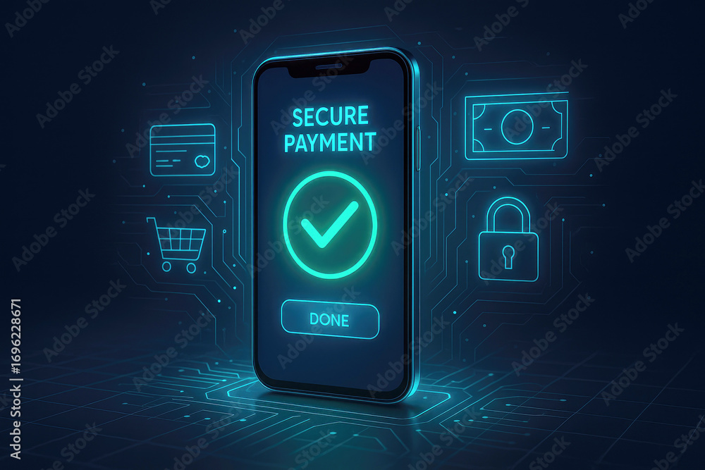 Poster smartphone displaying secure payment confirmation with digital icons mobile phone digital transactio