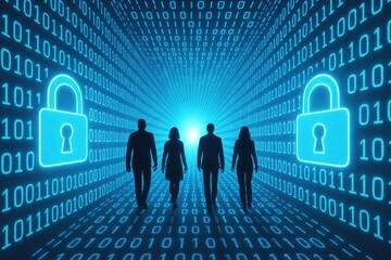 Silhouettes of four people walking through a digital tunnel of binary code and glowing padlocks security