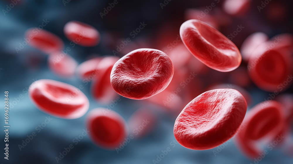 Poster a dynamic scene of erythrocytes clustering and dispersing in a bloodstream their shapes forming flee