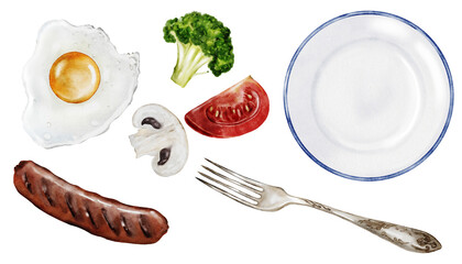 Breakfast set watercolor. Fried egg, plate, fork, tomato and broccoli. Clip art food. Ideal for decorating cookbooks and recipes, restaurant menus