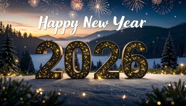 New Year's eve scene with sparkling "2026" in focus. Mountains and trees form the serene backdrop, with fireworks bursting across the evening sky. A festive greeting is spread across the top - Powered by Adobe