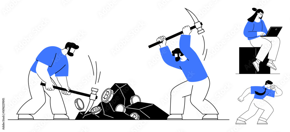Aufkleber workers mining with tools, extracting information metaphor, and analyzing data on laptops. ideal for