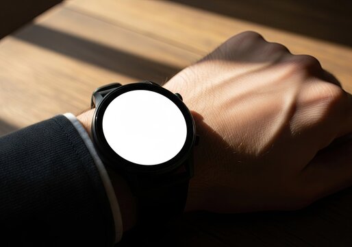 Round Smartwatch Mockup with Blank Screen in Sunlight