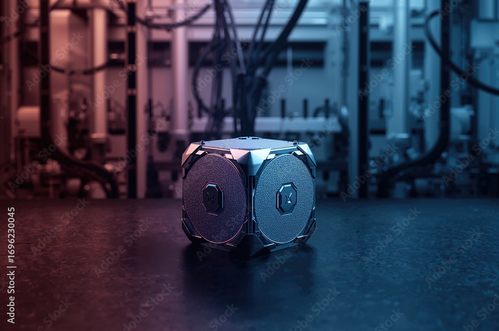 Poster abstract backdrop illustrating the idea of technological advancement with a metallic cube