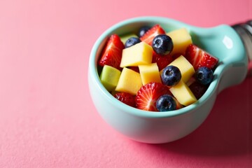 Fruit Salad in a Unique Lightbulb-Styled Bowl on Vibrant Background.