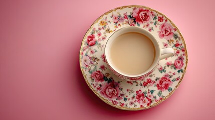 Teacup and Saucer with Floral Design on Pink Background