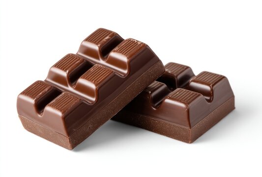 Two rectangular chocolate bars with raised segments sit diagonally against a plain white background, smooth brown surfaces