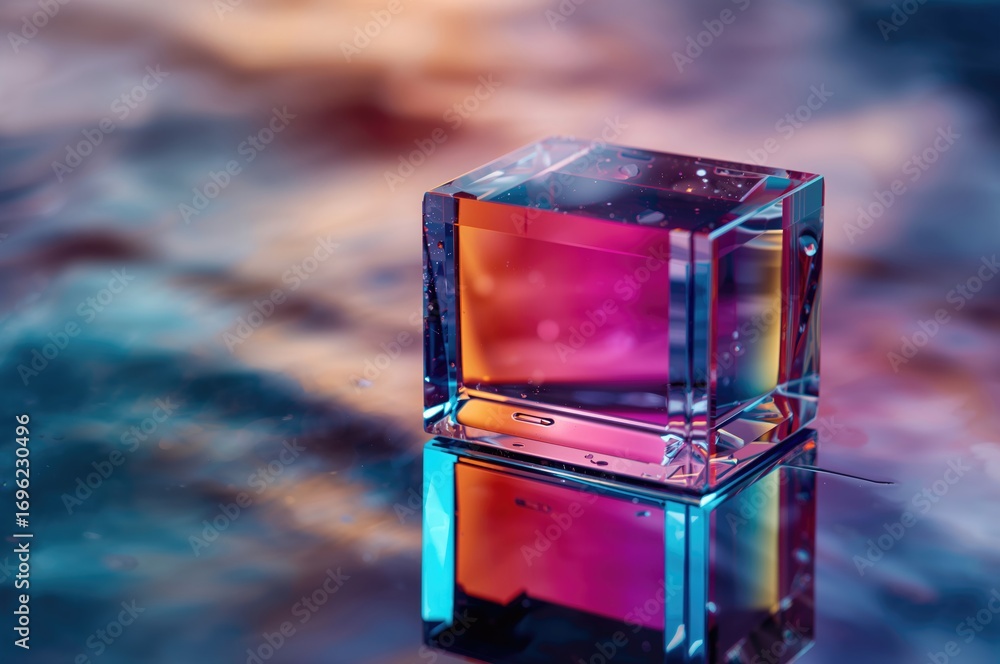 Poster close-up of a shiny crystal cube displaying a vibrant gradient on a soft-focused reflective surface