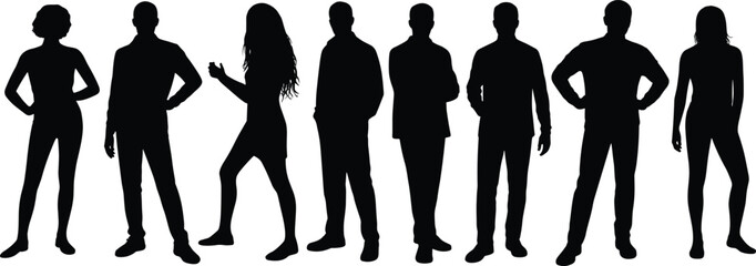 People silhouettes, standing poses, male and female, confident posture, black icons, fashion, gesture, lifestyle, minimalist design, full body, casual stance, character figures