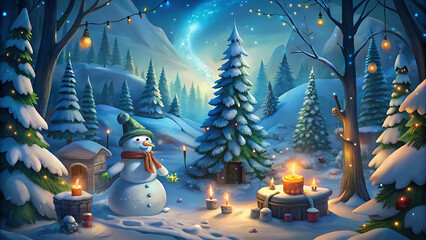 Magical christmas scene with snowman pine forest vector illustration on white background  