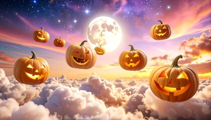 A whimsical Halloween scene features carved pumpkins floating amidst fluffy clouds under a bright, full moon in a colorful sky. Lit from within, the pumpkins exude a joyful, spooky atmosphere