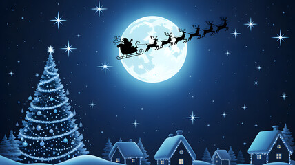 Naklejka premium Whimsical Christmas Eve illustration with full moon, Santa Claus and reindeer in flight, snow-covered village, decorated Christmas tree, starry indigo sky, festive winter night