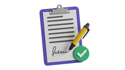 Signing agreement with pen and checkmark for approval