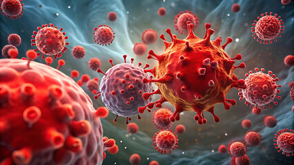 Medical illustration of cancer cells with red blood details vector illustration on white background  
