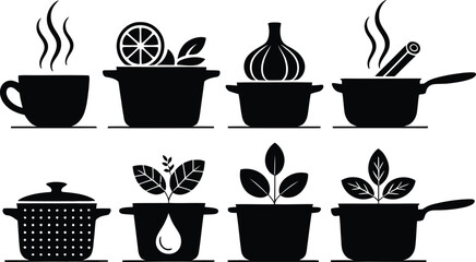 Cooking elements and plants in pots pans steam