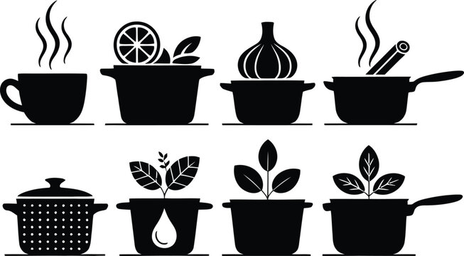 Cooking elements and plants in pots pans steam