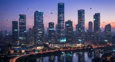 Fototapeta premium Futuristic city skyline at dusk with glowing skyscrapers and hovering vehicles above the river