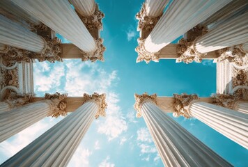 Upward view of tall, white, ornate columns converging against a bright blue sky with wispy white clouds, creating a symmetrical pattern