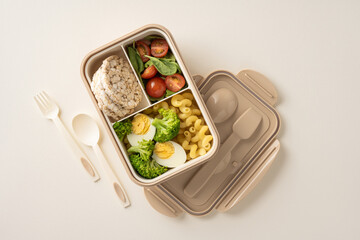 A closeup of a lunchbox containing nutritious vegetables, pasta, egg slices, and rice cakes, illustrating healthy eating and meal prep