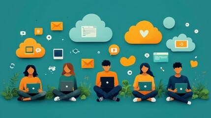 Connected individuals using laptops, sharing data via cloud computing and social media