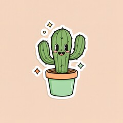 Cute cartoon cactus in a pot, with happy expression and sparkly details.