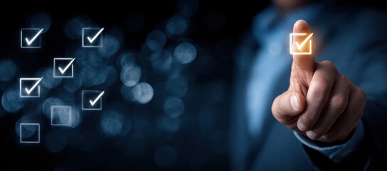 A hand touches a glowing checkmark, with more checkmarks displayed over a blurred bokeh background in shades of blue