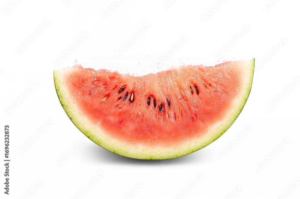 Poster a slice of ripe watermelon isolated on a white backdrop with a cutting trail, created with generativ