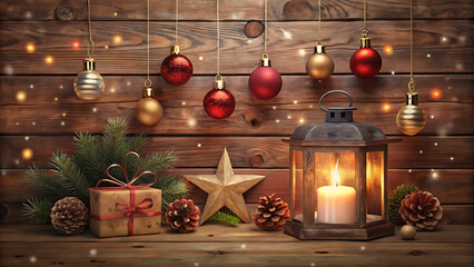 Rustic holiday card design with wooden planks glowing vector illustration on white background  