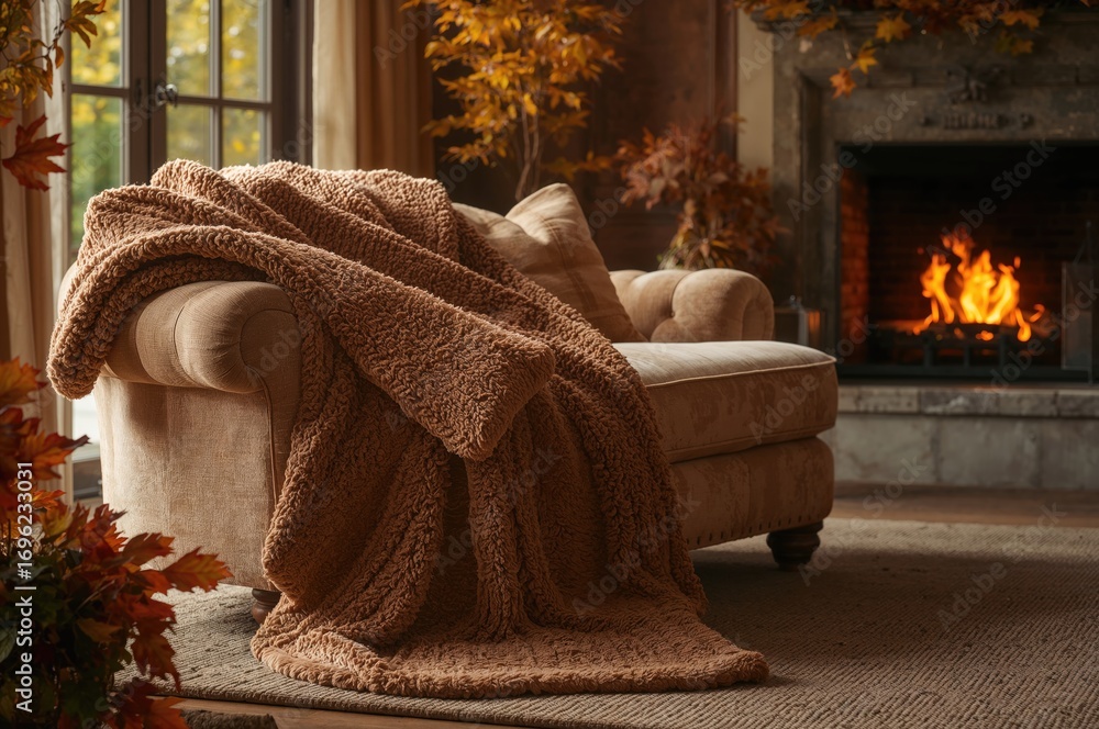 Poster a soft and inviting blanket with rich texture gracefully placed on a comfortable sofa