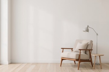 Interior wall mockup featuring a comfortable armchair set against a soft beige backdrop in a cozy living space
