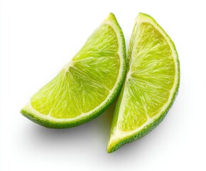Two green lime wedges, cut and arranged, isolated on a white background showcasing their textured surface and vibrant color