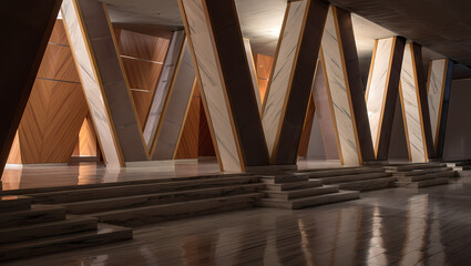 Obraz premium Abstract interior with wooden beams creating a geometric pattern, illuminated by soft light, creating a modern and architectural space