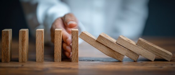 Hand stopping dominoes from falling on a wooden surface, signifying prevention and risk management