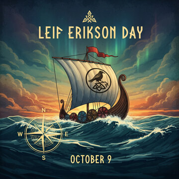 Leif Erikson Day Illustration Viking Ship Sailing Across the Ocean with Northern Lights