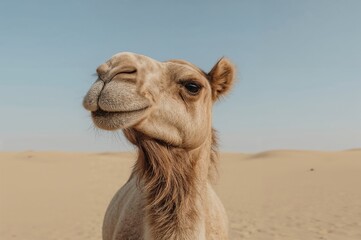 A vertical photo of an adorable camel in a desert landscape