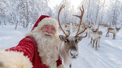 Santa Claus taking selfie with reindeer in snowy winter forest celebrating Christmas holiday season outdoors